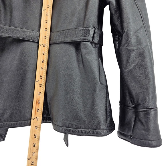 Wilsons Leather Genuine Leather Black Jacket Womens L Faux Fur Lined Hooded Belt - Picture 7 of 9